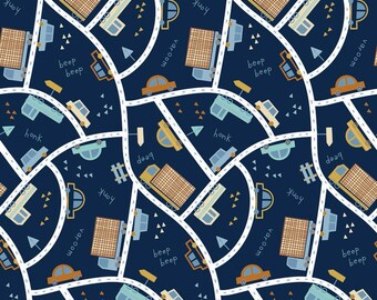 Cotton Poplin Fabric Printed The Road on the navy blue background "Traffic Cars" - 50 cm