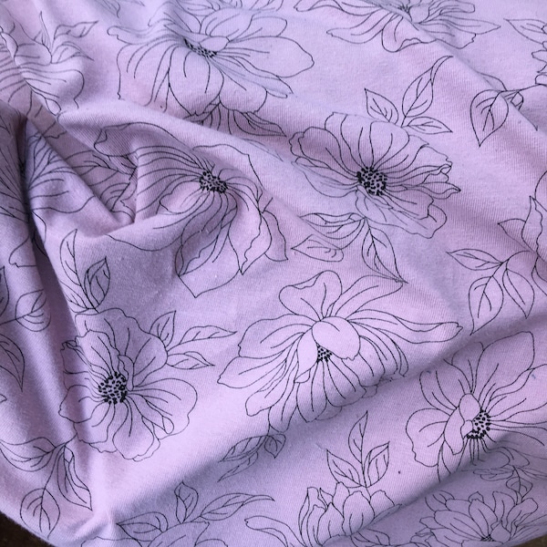 Tissu jersey coton lin lilas à motif gros fleurs - 25 cm