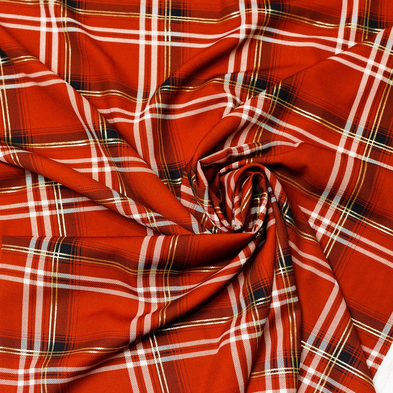 Poplin fabric of viscose rust with white and gold plaid 50 cm image 1