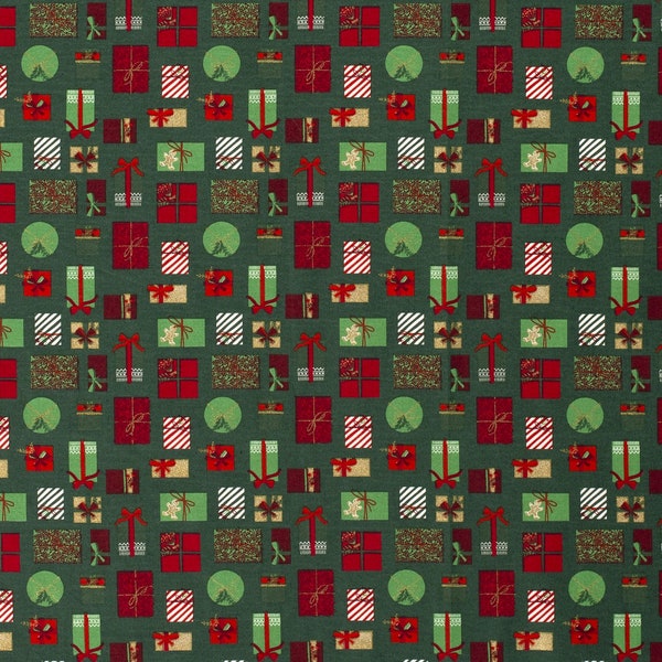 Tissu de Noël - Popeline de Coton Imprimé Cadeaux sur le fond vert  - 50 cm