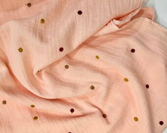 Double gauze fabric cotton pink peach embroidered peas - 25 cm