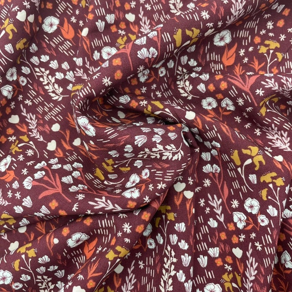 Poplin fabric of viscose Cotton+Steel "Dear Isla" printed flowers of burgundy fields - 25 cm