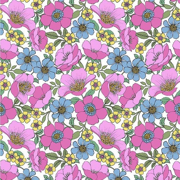 Tissu patchwork Michael Miller "Garden Serenade" imprimé gros fleurs fuchsia/bleu le fond blanc - 25 cm