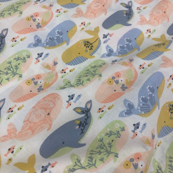 Organic Cotton Poplin Fabric Printed Whales "Beautiful Whale" on the White Background - 50 cm