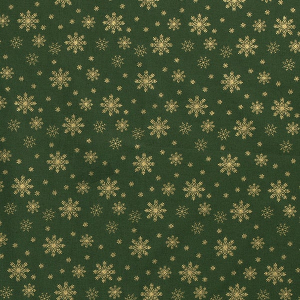 Christmas fabric - Cotton Popeline Printed snowflakes on dark green background - 50 cm