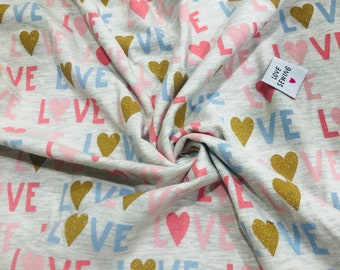 Heather gray "LOVE" heart pattern cotton jersey fabric - 25 cm