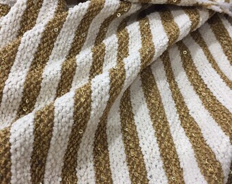 Jersey jersey sequins stripes - white and ochre yellow - 50 cm