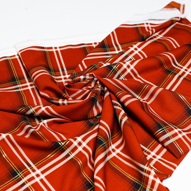 Poplin fabric of viscose rust with white and gold plaid 50 cm image 5