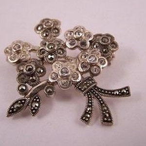 Antique Style Solid Silver Marcasite & Paste Flower Brooch