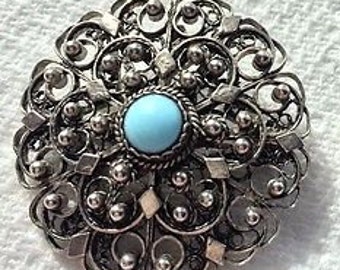 Vintage 925 Silver Filigree Brooch/Pendant Cabouchon Set Pale Blue Stone