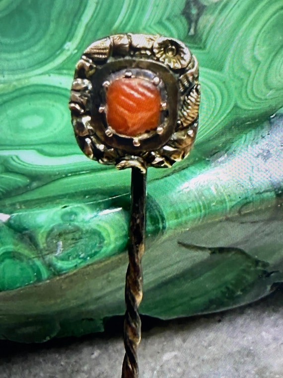 Antique Georgian rolled gold stick pin/brooch with carved coral - 1820s