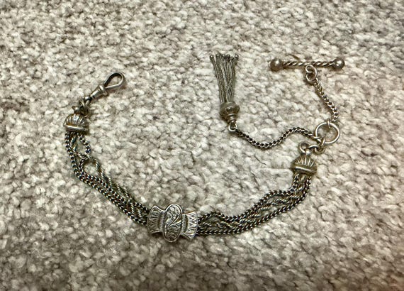 Antique Victorian Ladies Silver Albertina Bracelet/Watch Chain Tassel/Dog Clip and Tbar - 1800s