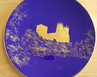 Stunning Royal Worcester Plate featuring York Minster - Gold on Deep Blue