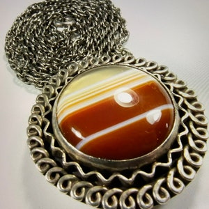 Vintage Scottish Sterling Silber Gebändert Achat Anhänger/Brosche Karneol Achat Halskette