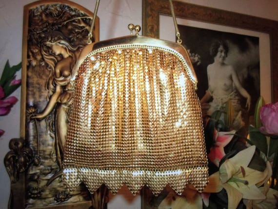 Vintage Gold Metal Mesh Sequin Flapper Evening Ba… - image 1