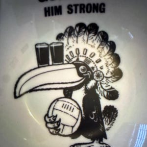 May include: White ceramic bowl with a black and white illustration of a toucan wearing a Native American headdress and holding a volleyball. The bowl has the text "GUINNESS HIM STRONG" in black.