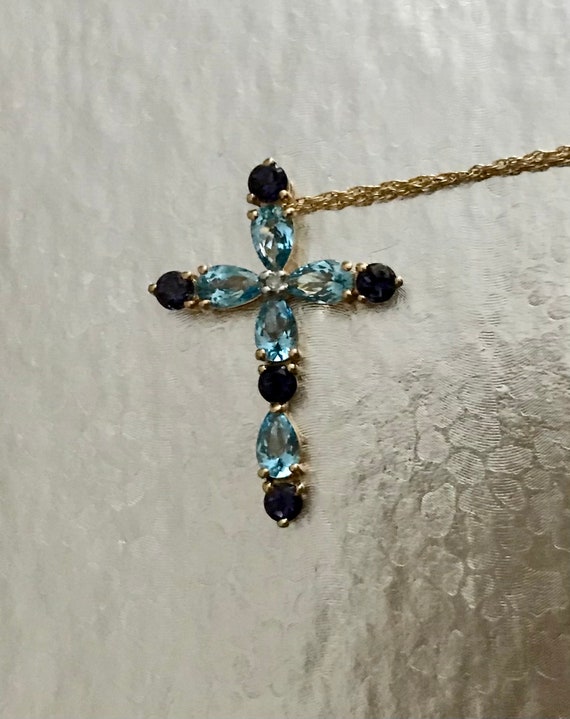 Vintage 10K Yellow Gold Blue Topaz Iolite and Diamond Cross Pendant with Chain