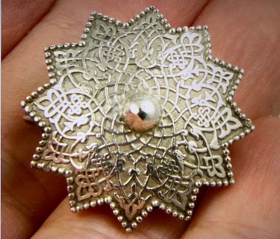 Vintage Sterling Silver Star Design Celtic Engraved Front Brooch - 1950s