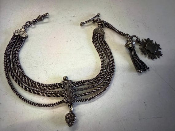 Antique Victorian Silver Albertina Watch Chain/Bracelet - with tassel and Fob - 1800s