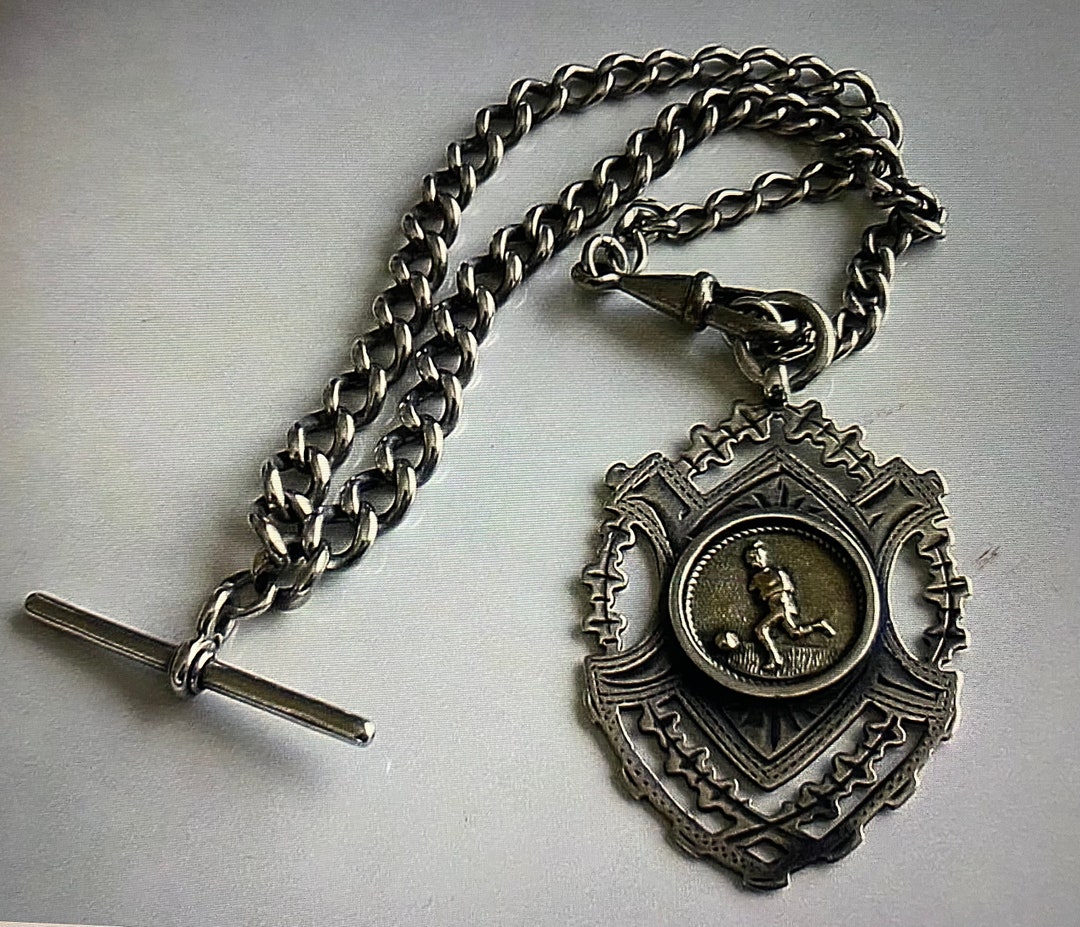 Antique Silver Albert Pocket Watch Chain T-bar Football Fob 1905