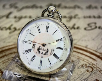 Reloj de bolsillo antiguo con llave de plata y pintura esmaltada - CYLINDRE 8 rubies