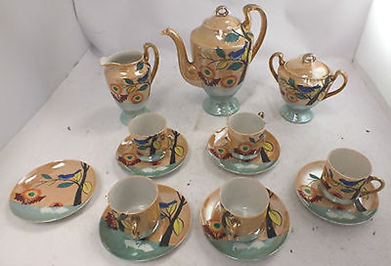 Vintage 14 Piece Hand Painted in JAPAN Lustre Effect Espresso Set