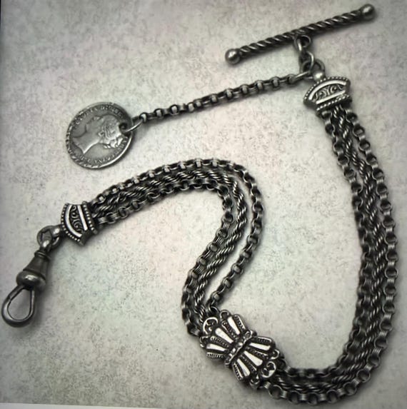 Antique Silver Albertina Watch Chain Bracelet - with Bulldog Clip, t-bar and silver 1877 threepence fob