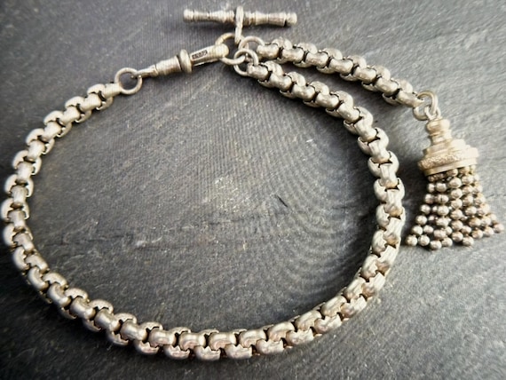 Antique Victorian Silver Plated Albertina Pocket Watch Chain and Tassel Charm