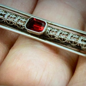 Vintage Ornate Silver and Paste Stone Ruby Brooch - 1950s