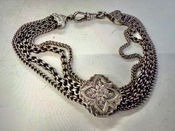 Antique Victorian Ladies Silver Albertina Bracelet/Watch Chain with Dog Clip- 1800s
