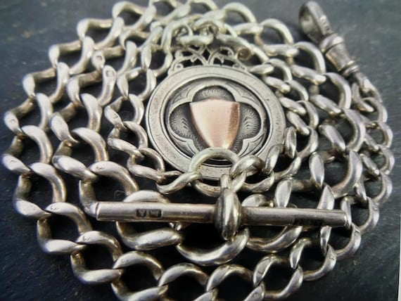 Antique Solid Silver Albert Pocket Watch Chain + Gold Shield Fob Medal - 1925