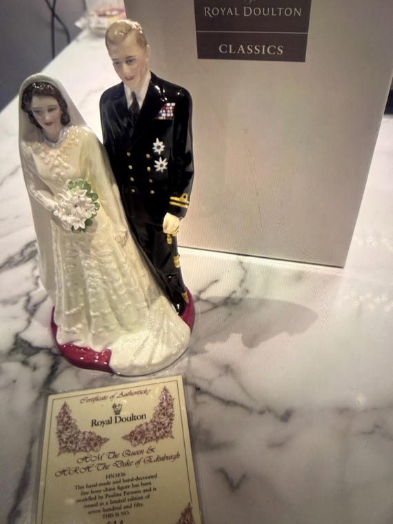 Vintage Royal Doulton Queen Elizabeth II and the Duke of Edinburgh Limited Edition Figurine to Commemorate their Anniversary - Boxed and COA