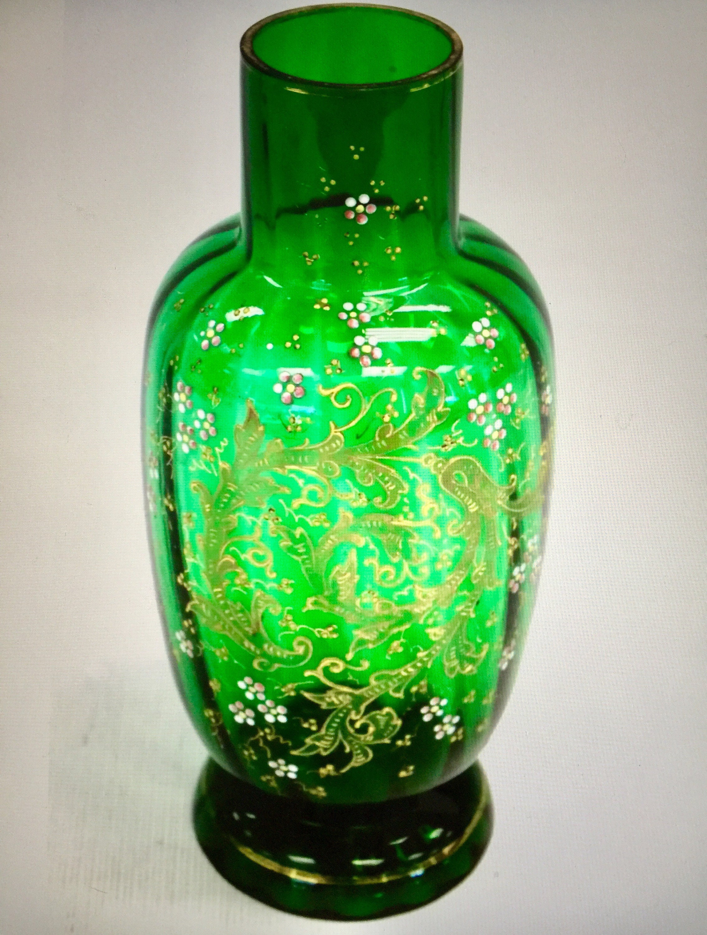 Antique Large GREEN GLASS Hand Painted Vase