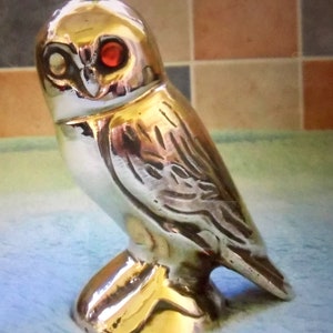 Vintage Brass Owl - with Two Different Coloured Glass Eyes