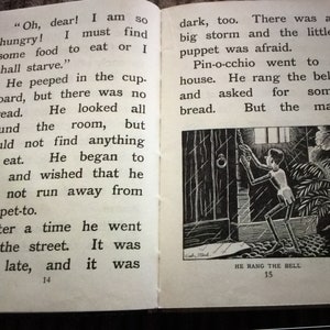 May include: Open book with text and an illustration. The text reads, "Oh, dear! I am so hungry! I must find some food to eat or I shall starve." The illustration shows a puppet ringing a bell. The text below the illustration reads, "HE RANG THE BELL."