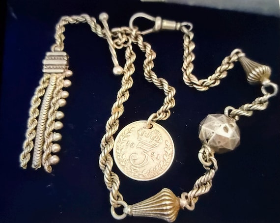 Beautiful Antique Sterling Silver Albertina Watch Chain Bracelet - complete with a T-bar, dog clasp, and ornate tassel