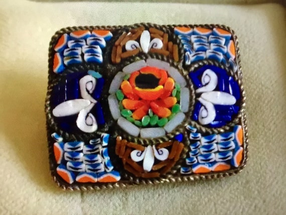 Antique Victorian Grand Tour Micro Mosaic Fleur Di Lis Flower Brooch