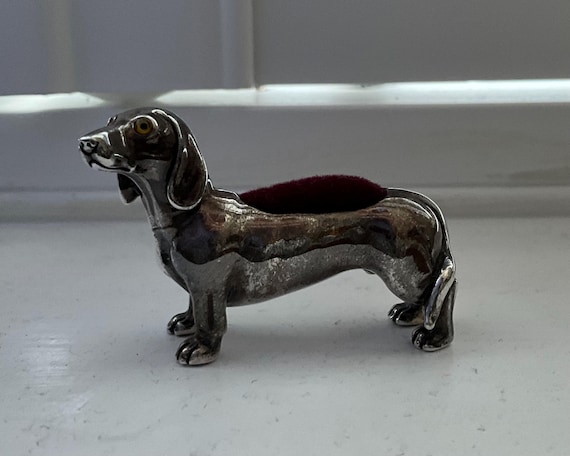Vintage Silver Dachshund Pin Cushion with glass eyes
