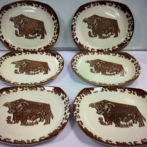Vintage English Ironstone Beefeater Brown Fergus the Bull Steak Plates x6