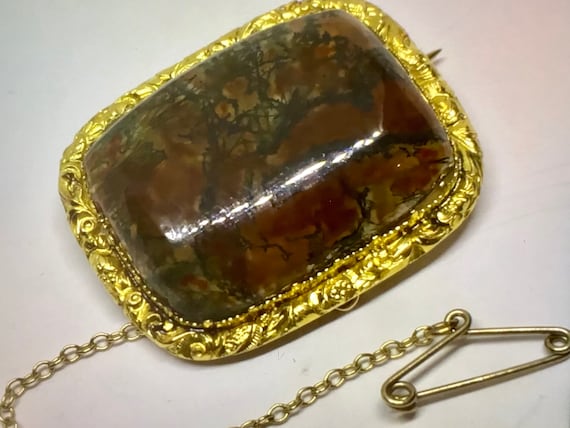 Antique Victorian Square Shaped Natural Scottish Agate & Pinchbeck Mourning Brooch/Pin - 1890s