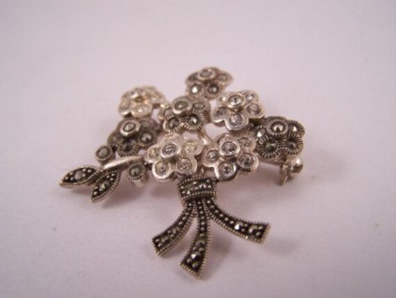 Antique Style Solid Silver Marcasite & Paste Flow… - image 2
