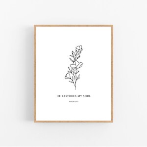 Él restaura mi alma - Versículo bíblico para pared - Salmo 23:3 - Descarga instantánea