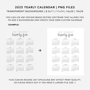 2025 Yearly Calendar Printable - Transparent Background PNG Files
