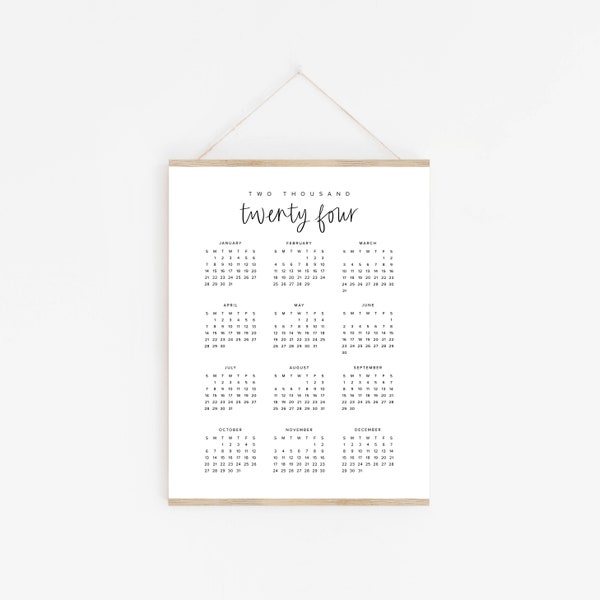 2024 Printable Yearly Calendar, 2024 Minimal Large Digital Year at a Glance Calendar, Printable Modern Wall Calendar, 2024 Year Planner