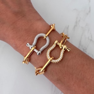 Gold Paperclip Chain Bracelet: CZ Diamond Horseshoe Carabiner