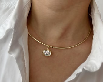 14K Gold Plated Omega Collar Necklace with Crystal Charm
