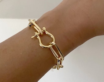 Gold Paperclip Chain Bracelet With Carabiner | Chunky Chain Bracelet | Gold Link Chain Bracelet | Gold Padlock Bracelet