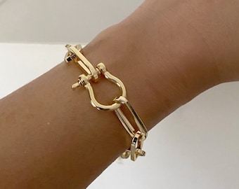 Gold Paperclip Chain Bracelet CZ Diamond Shackle | Chunky