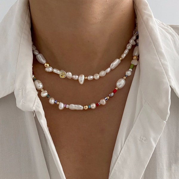Collar de perlas de agua dulce / Collar de perlas genuinas / Collar de cuentas hecho a mano / Collar de perlas de cuentas arco iris / Collar de perlas barrocas