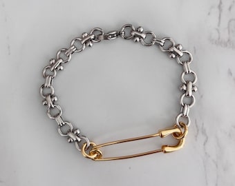 Two-Tone Safety Pin Bracelet: 18k Gold & Rhodium Chain, Stacking Jewelry